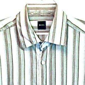 Hugo Boss Striped Linen/Cotton Blend Dress Shirt in White/Blue/Tan Men’s XL